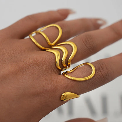 Stainless Steel Irregular Wave Rings For Women Creative Gold Color Adjustable Open Ring Female Jewelry Punk Rapper Anillos Gifts