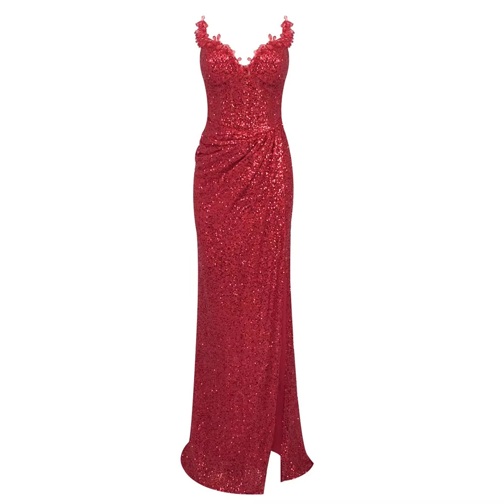 Lena Side Slit Dress Women Elegant Party Dresses Woman Wedding Dress Fish Tail Crystal Off the Shoulders Shiny Evening Gown Gala