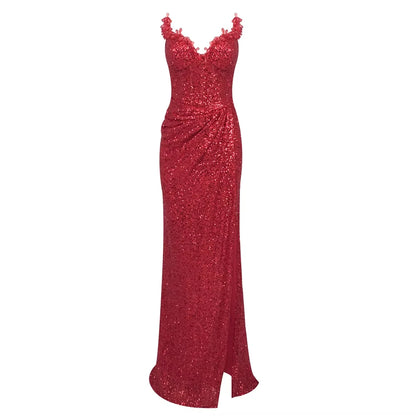 Lena Side Slit Dress Women Elegant Party Dresses Woman Wedding Dress Fish Tail Crystal Off the Shoulders Shiny Evening Gown Gala