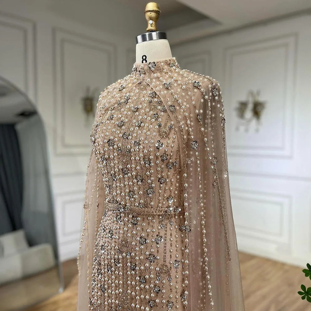 Muslim Nude Mermaid Cape Sleeves Pearls Beaded Luxury Dubai Evening Dresses Gowns 2025 Wedding Party LA72372 Customized