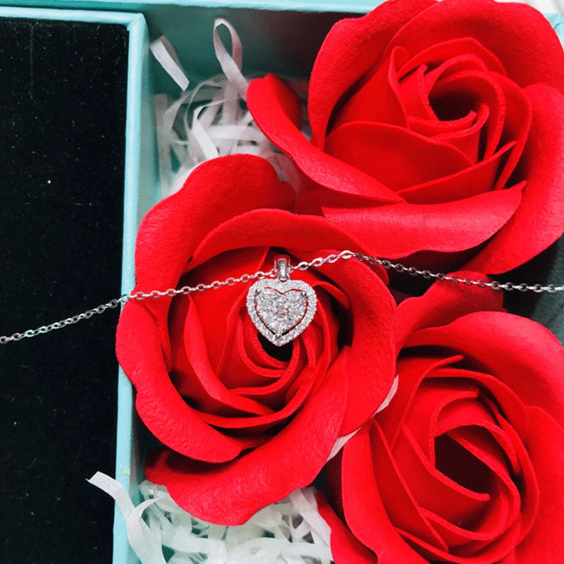Shine Zircon Heart Shaped Pendant Necklace for Women Silver Color Jewelry Wedding Anniversary Party Bridal Chain Girls Choker