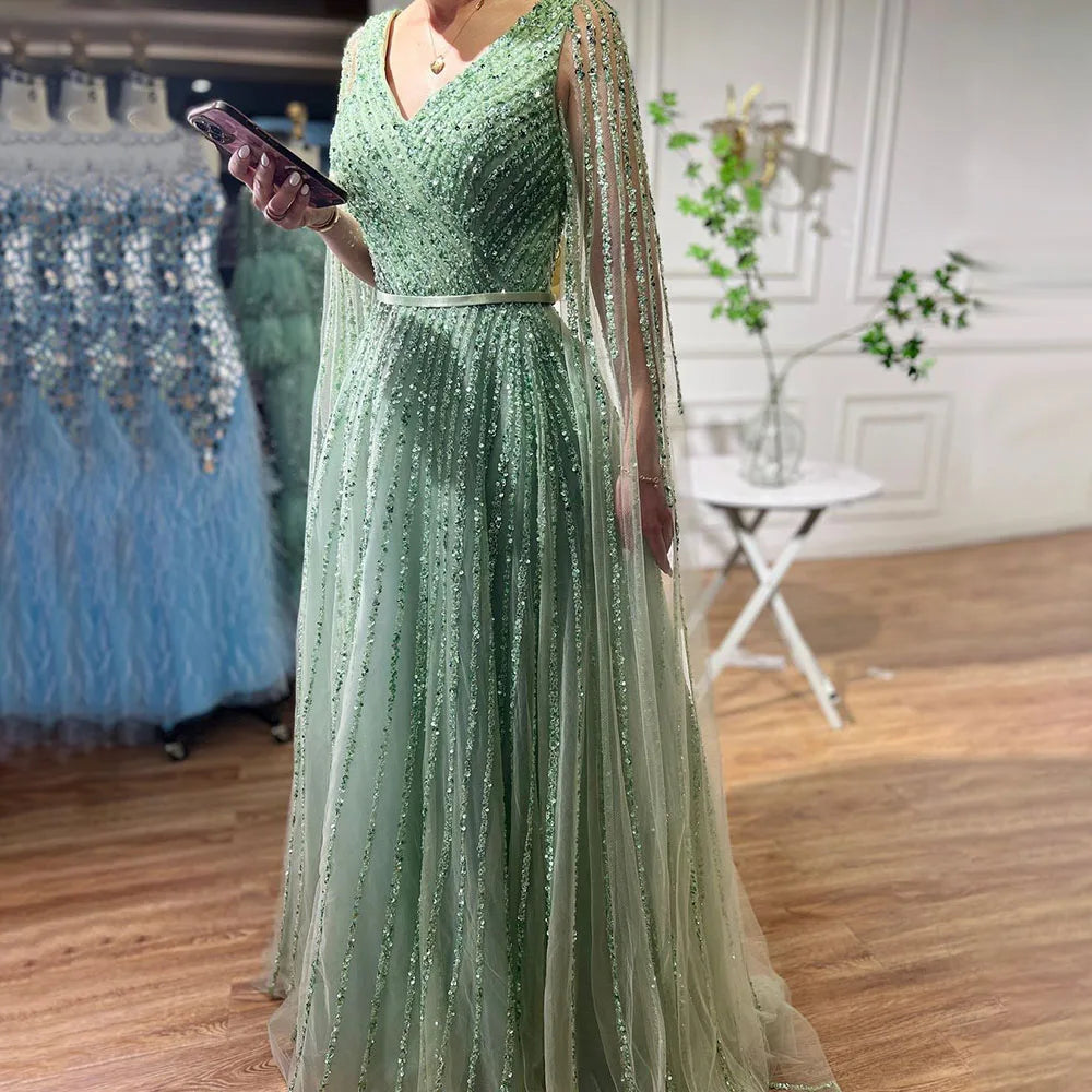 Serene Hill Mint Cape Sleeves A Line Beaded  Dubai Evening Dresses Long 2025 Celebrity Gowns For  Party LA71865 Customized