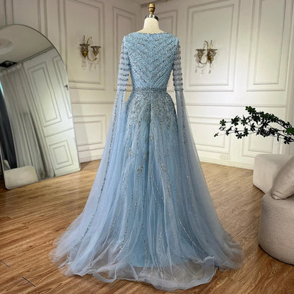 Customized 2025 Arabic Caramel Elegant A-Line Beaded Long Evening Dresses Gowns With Cape Sleeves For Formal Occasio LA72750