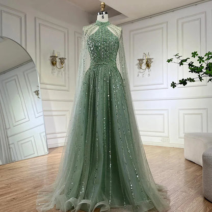 Serene Hill Arabic Turquoise A Line Cape Sleeve Beaded   Evening Dresses Gowns For Occasion 2025 LA72306A Customized