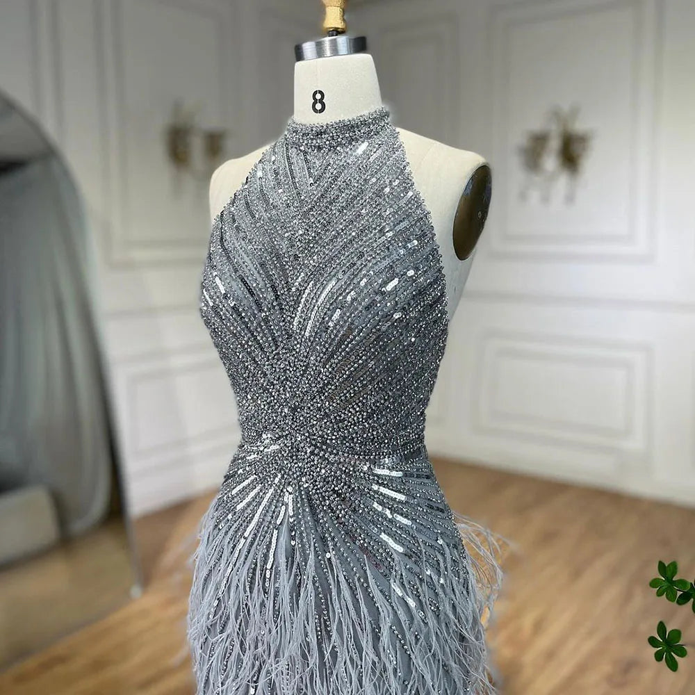 Serene Hill Dubai Halter Beige  Feathers Beaded Formal Luxury Mermaid Evening Dresses For Women Wedding Party 2025 LA70623A