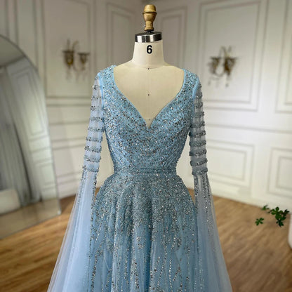 Customized 2025 Arabic Caramel Elegant A-Line Beaded Long Evening Dresses Gowns With Cape Sleeves For Formal Occasio LA72750