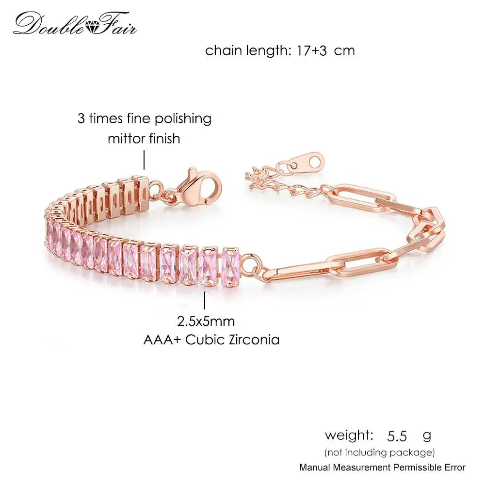 Romantic Pink Crystal Tennis Bracelets for Female Women Trend Shiny Zirconia Adjustable Folding Buckle Chain on Hand Jewelry
