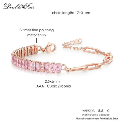 Romantic Pink Crystal Tennis Bracelets for Female Women Trend Shiny Zirconia Adjustable Folding Buckle Chain on Hand Jewelry