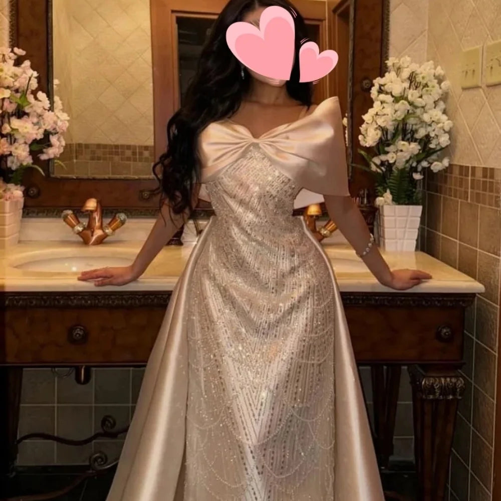 Cathy Rose Red Bow Shawl Off the Shoulder vestidos de noche Mermaid Beading Party Dresses Floor-Length Customized Prom Dress