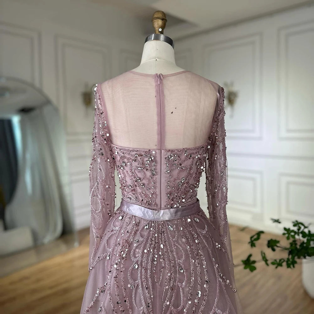 Serene Hill 2025 Customized Pink Beaded Saudi Arabic Mermaid Evening Dresses With Sheer Long Sleeves For Formal Occasion LA72875