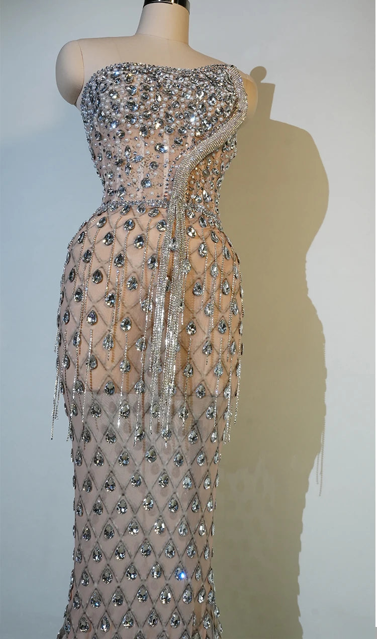 luxury Bright Crystal Dress Sexy Luxury Beaded Rhinestone Tulle Evening Prom Party Dress Noble Shooting Wedding Wedding Dresses