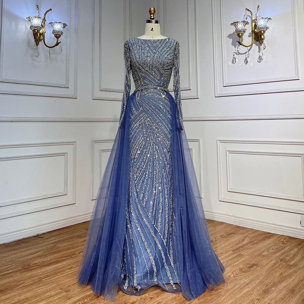 Serene Hill  Mermaid Beaded  Blue Muslim  Evening Dresses Gowns  with Detachable Skirt 2025  LA71750 Customized