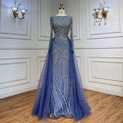 Serene Hill  Mermaid Beaded  Blue Muslim  Evening Dresses Gowns  with Detachable Skirt 2025  LA71750 Customized