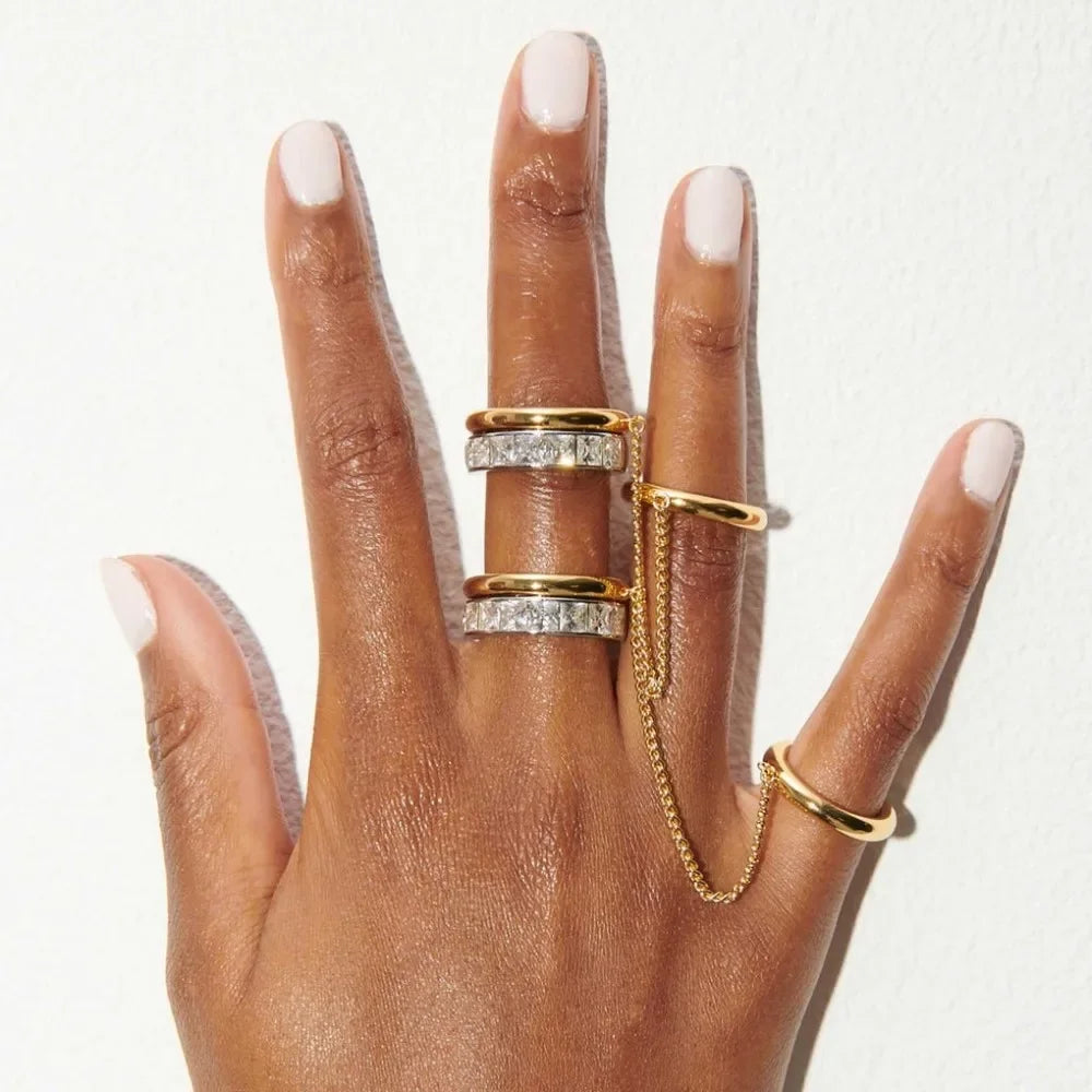 Fashion CZ Zircon Stainless Steel Double Layer Chain Ring for Women Gold Plated Tassel Link Ring Hip Hop Jewelry Waterproof
