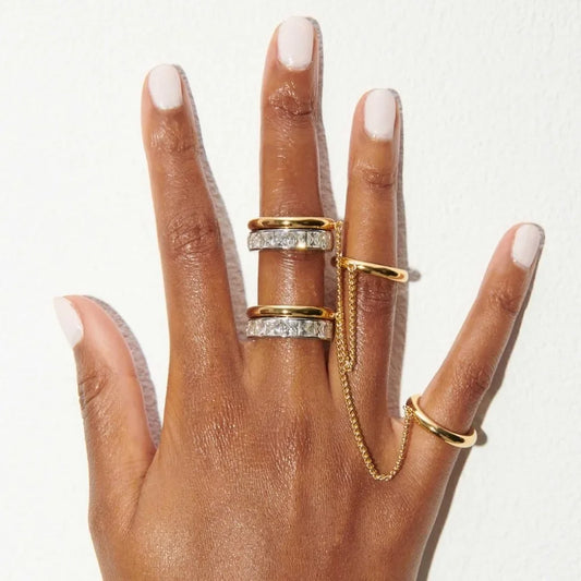 Fashion CZ Zircon Stainless Steel Double Layer Chain Ring for Women Gold Plated Tassel Link Ring Hip Hop Jewelry Waterproof