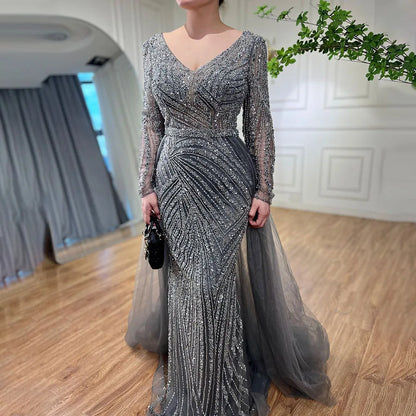 Serene Hill  Mermaid Beaded  Blue Muslim  Evening Dresses Gowns  with Detachable Skirt 2025  LA71750 Customized