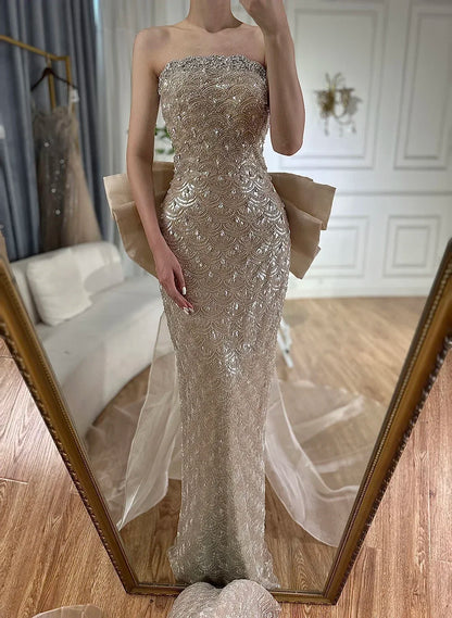 Serene Hill 2025 Nude Saudi Arabic Evening Dresses With Beaded Tassel Dress For Formal Occasion LA72730 Customized