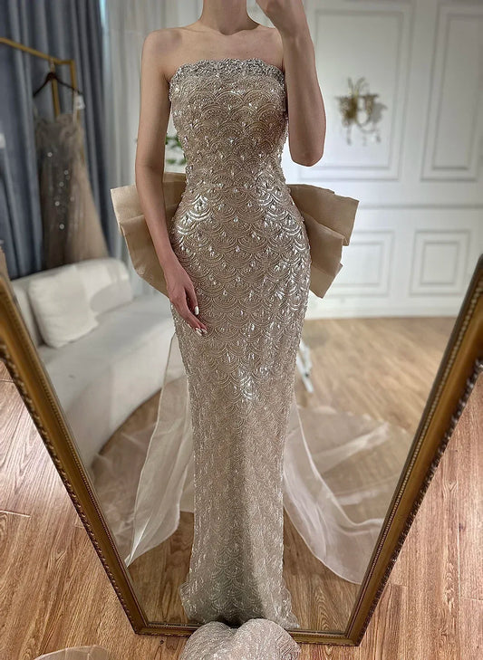 Serene Hill 2025 Nude Saudi Arabic Evening Dresses With Beaded Tassel Dress For Formal Occasion LA72730 Customized