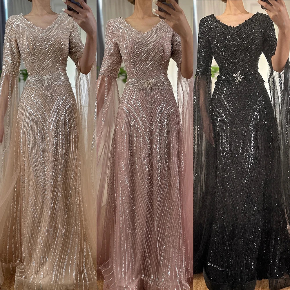 Serene Hill Customized 2025 Caramel A-Line Beaded Saudi Arabic Evening Dress with Cape Sleeves for Wedding Party LA72798