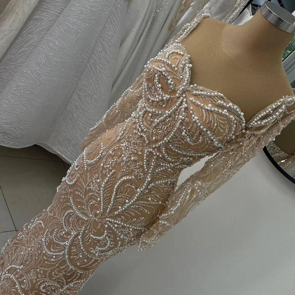Serene Hill 2025 Nude Mermaid Pearls Beaded Arabic Evening Dresses For Occasion Dress LA72648 Customized