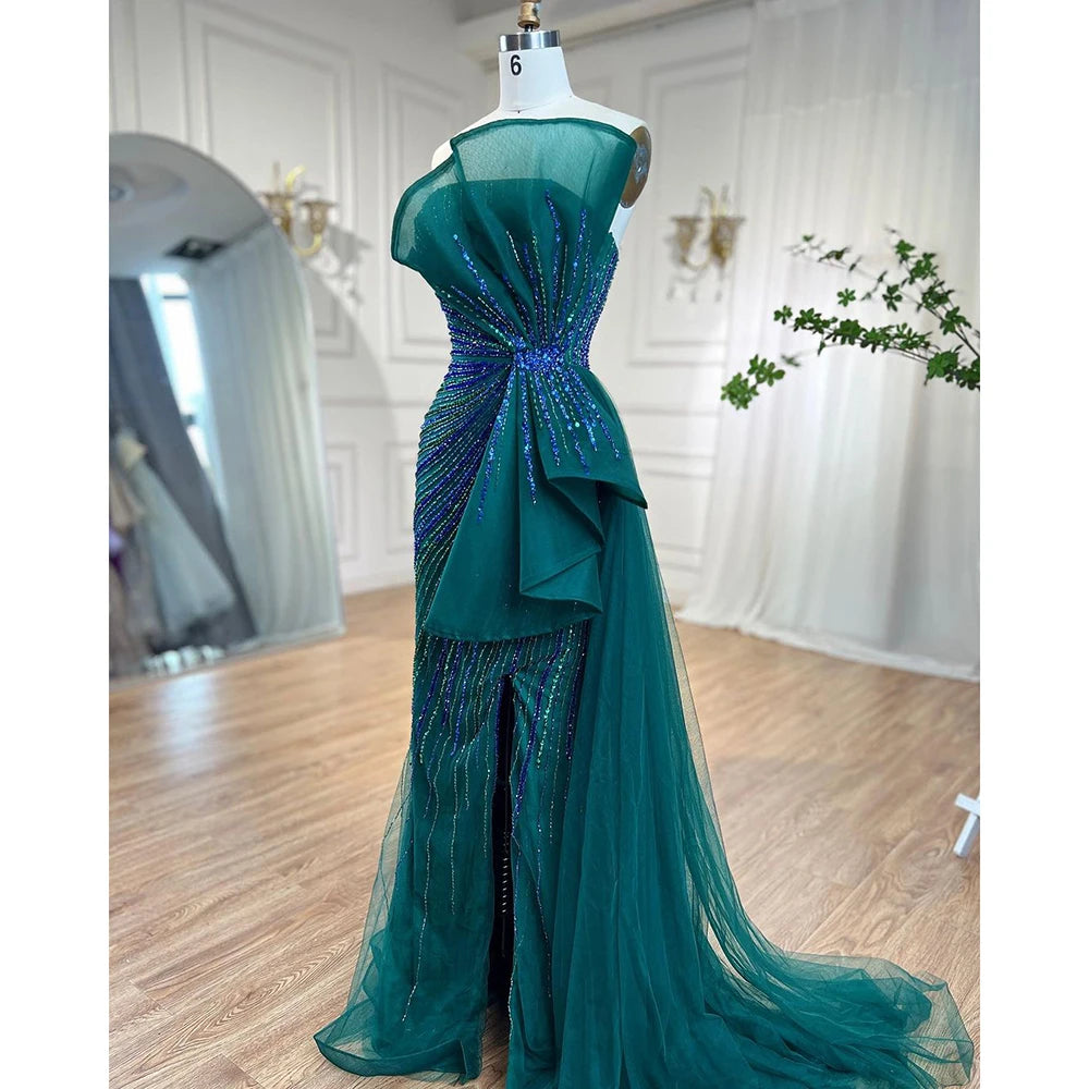 Serene Hill Dubai Green Beaded Mermaid High Split Evening Dresses 2025 Prom  For Party LA72090 Customized