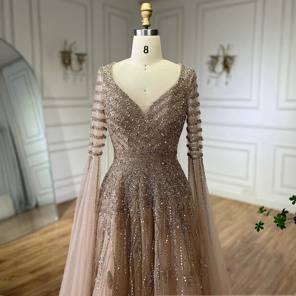 Customized 2025 Arabic Caramel Elegant A-Line Beaded Long Evening Dresses Gowns With Cape Sleeves For Formal Occasio LA72750