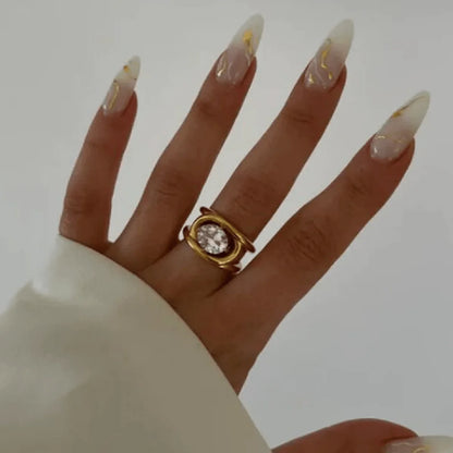 Vintage Oval Zircon Ring for Women 18K Gold Plated Stainless Steel Fashion Party Jewelry Gift