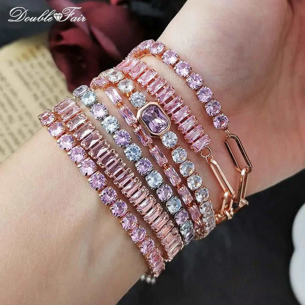 Romantic Pink Crystal Tennis Bracelets for Female Women Trend Shiny Zirconia Adjustable Folding Buckle Chain on Hand Jewelry