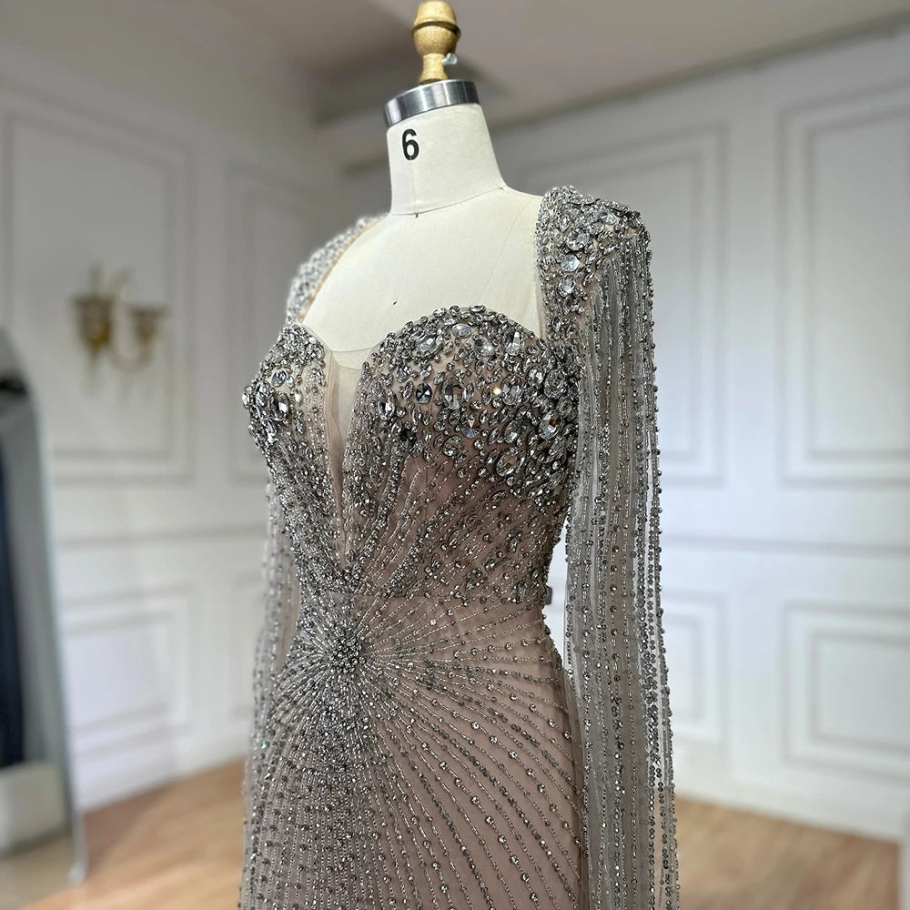 Serene Hill Customized Arabic Silver Nude Cape Sleeves Beaded Evening Dresses Gowns For Women Wedding Party 2025 LA72575
