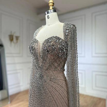 Serene Hill Customized Arabic Silver Nude Cape Sleeves Beaded Evening Dresses Gowns For Women Wedding Party 2025 LA72575