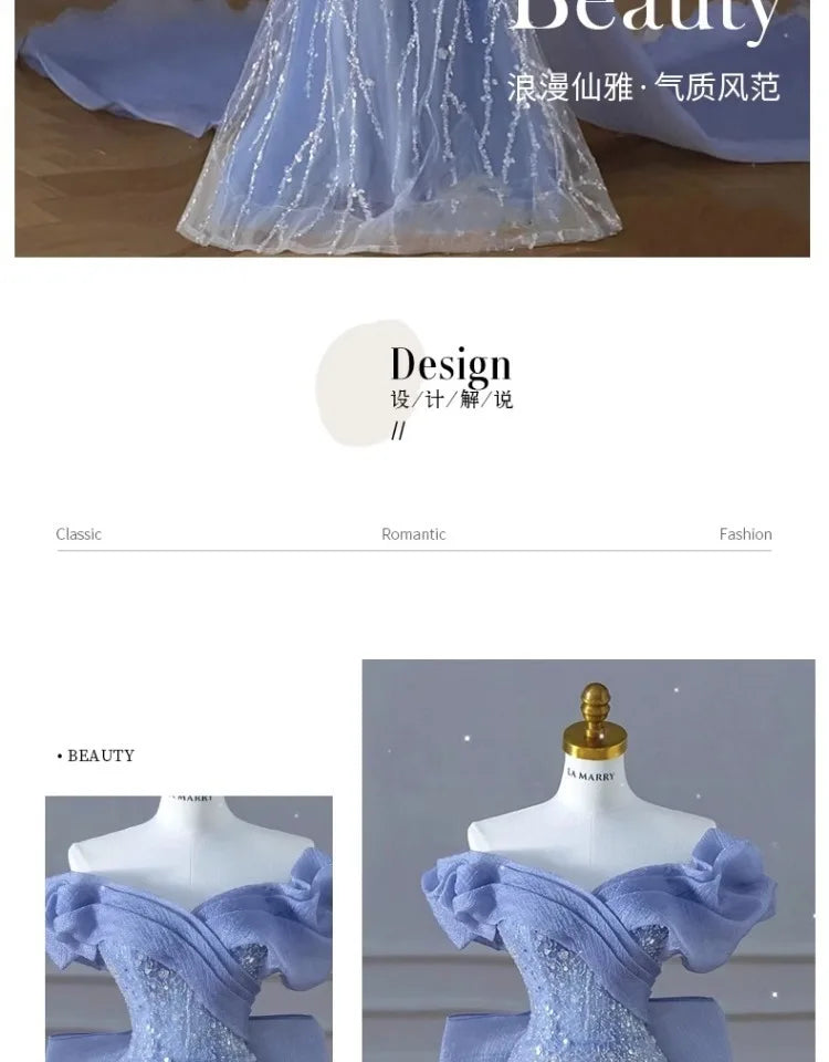 Woman's Dress High Dress Off-Shoulder Blue Evening Dress Light Luxury Niche Mermaid Sequin Host Elegant Party Dress