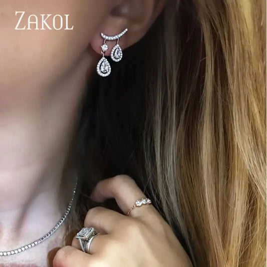 ZAKOL Personality Cubic Zirconia Double Drop Dangle Earrings for Women Wedding Dinner Anniversary Birthday Gift Jewelry FSEP2388