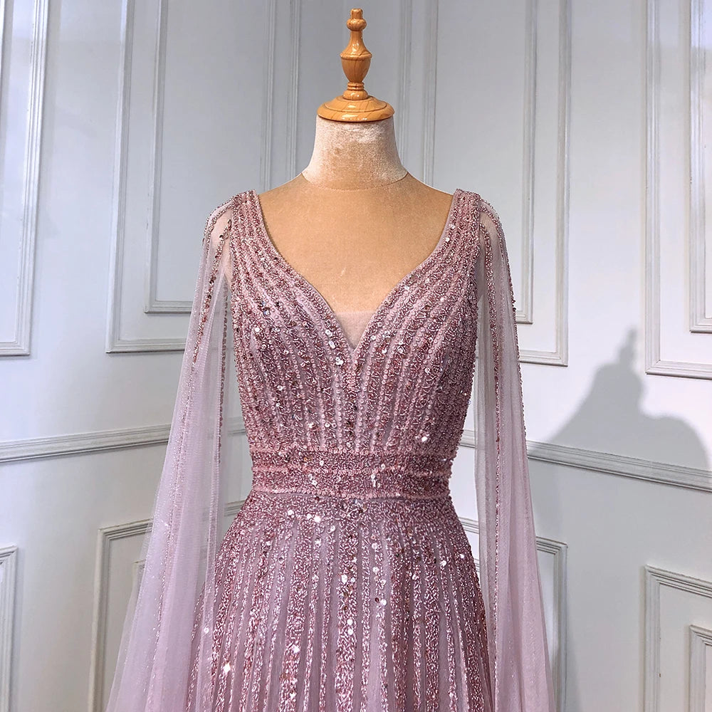 Nude Arabic Luxury Cape Sleeves Evening Dresses Gowns A-Line Beaded 2025 For Party LA71567 Customized