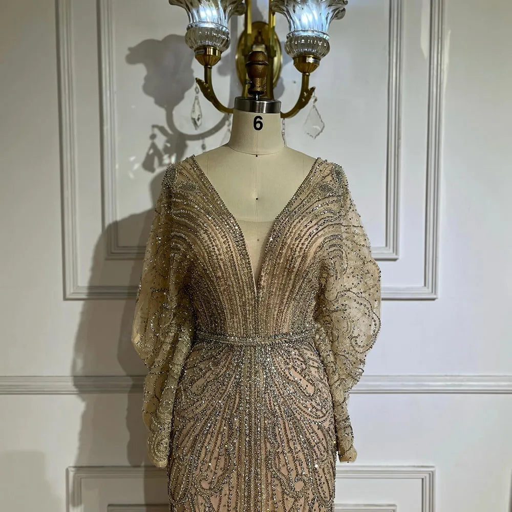 Serene Hill Arabic Gold Elegant Mermaid Black  Beaded Evening Dresses Gowns Diamond For Party 2025 LA72288A Customized