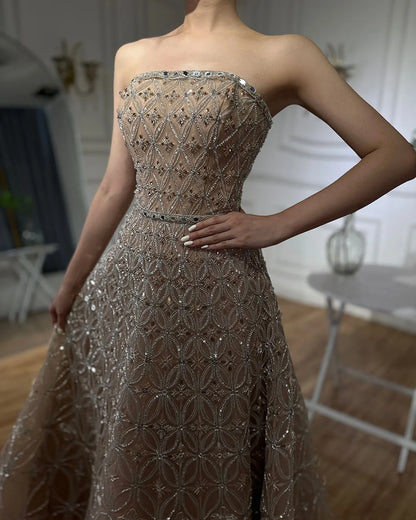 Serene Hill 2025 Customized Arabic Gray A Line Beaded Long Evening Dresses Gowns For Occasion LA72755