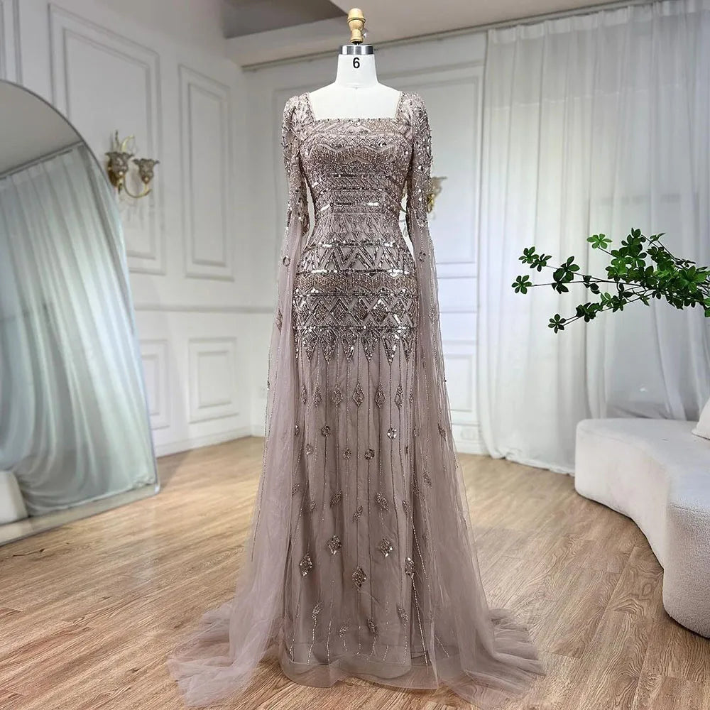 2025 Caramel With Beaded Cape Sleeves Design Mermaid Long Evening Dresses Gowns For Women's Wedding Party LA72355A Customized