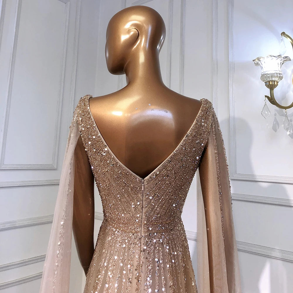 Nude Arabic Luxury Cape Sleeves Evening Dresses Gowns A-Line Beaded 2025 For Party LA71567 Customized