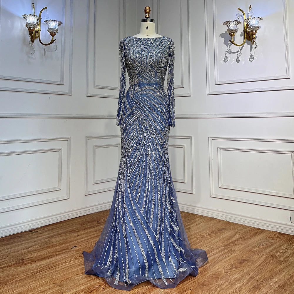Serene Hill  Mermaid Beaded  Blue Muslim  Evening Dresses Gowns  with Detachable Skirt 2025  LA71750 Customized