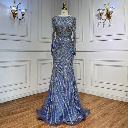 Serene Hill  Mermaid Beaded  Blue Muslim  Evening Dresses Gowns  with Detachable Skirt 2025  LA71750 Customized