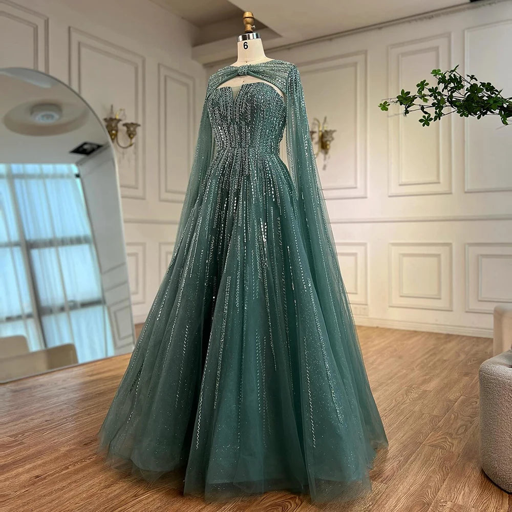 Serene Hill 2025 Arabic Blue Cape  A-Line Beaded Evening Dresses Long Celebrity Gowns  LA72427 Customized