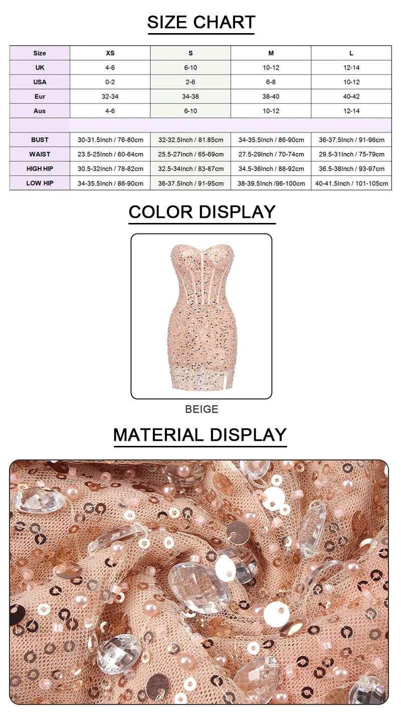 VC Sweetheart Beaded Sequins Sparkly Sheath Short Dress Strapless Tube Crystals Embellished Cocktail Party Evening Outfits