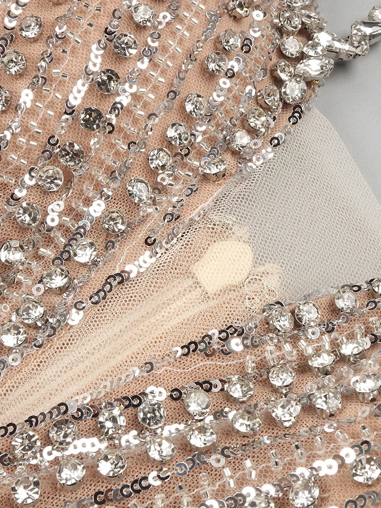 VC Fashion Silver Sequin Strapless Mermaid Dress Gown with Crystal Accents for Luxury Award Ceremonies