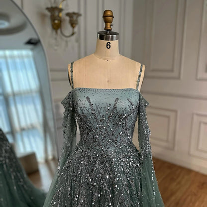 Turquoise Saudi A Line Luxury Evening Dress with Long Sleeves Cape for Formal Occasion Serene Hill 2025 LA72957 Customized