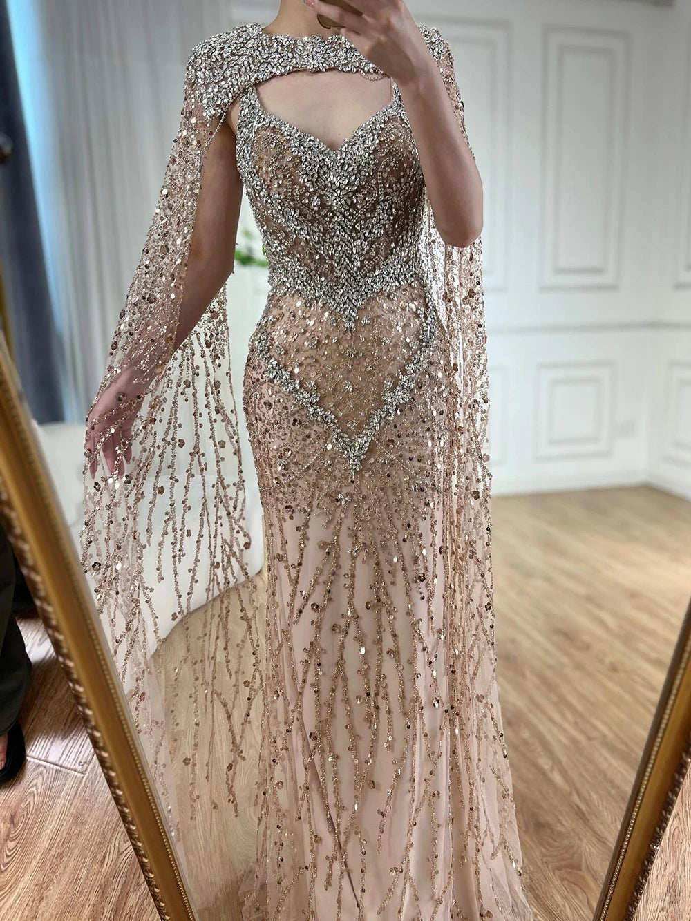 Serene Hill 2025 Nude Mermaid Evening Dress with Beaded Removable Cape Sleeves Gown for Formal Occasion LA72539 Customized