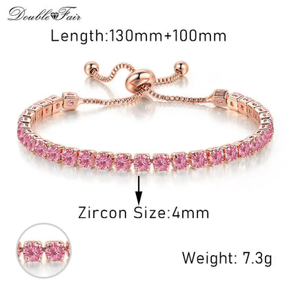 Romantic Pink Crystal Tennis Bracelets for Female Women Trend Shiny Zirconia Adjustable Folding Buckle Chain on Hand Jewelry