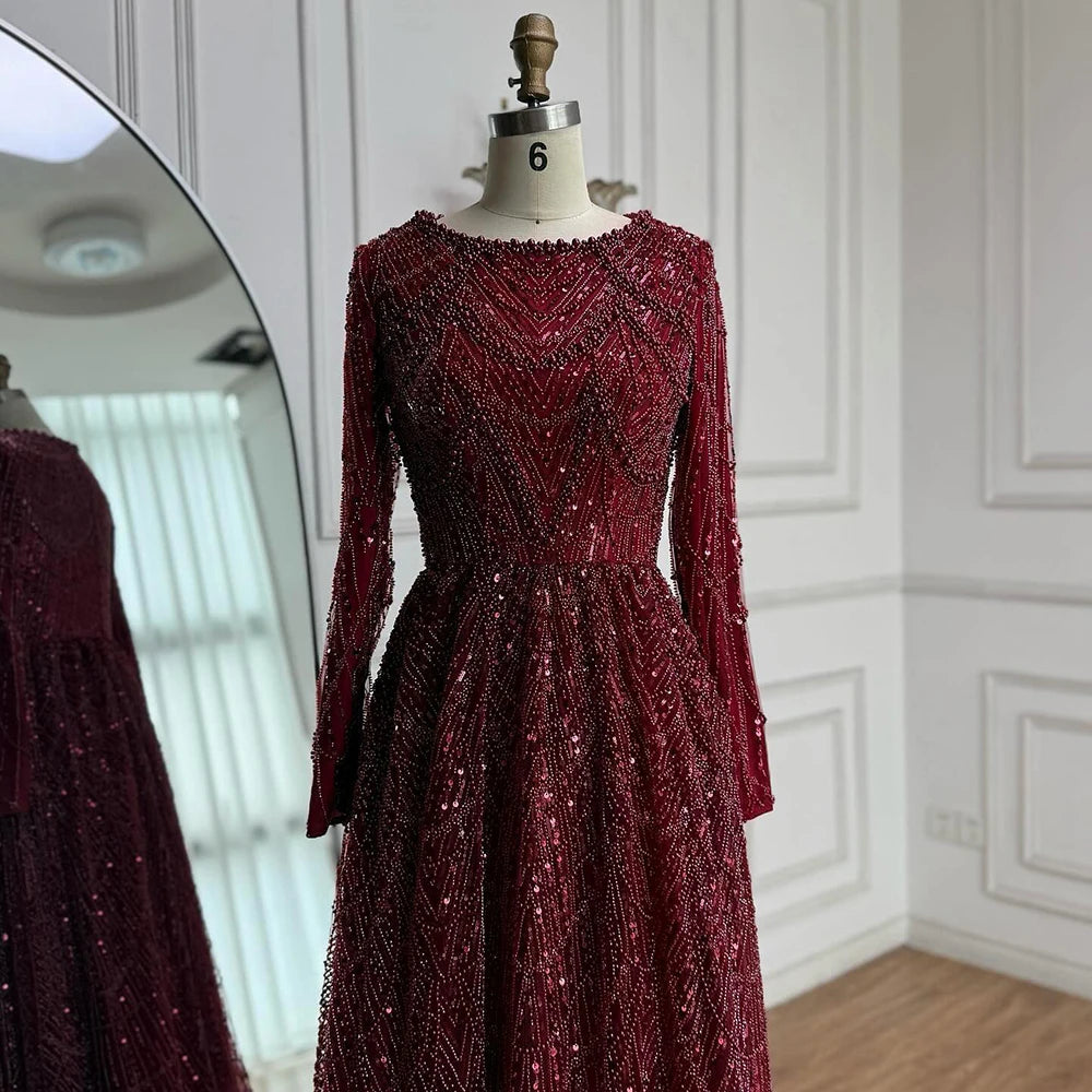 Luxury Olive Green Long Sleeve Beaded A Line Evening Gown for Wedding Party Prom Serene Hill 2025 Customized LA72738B Plus Size