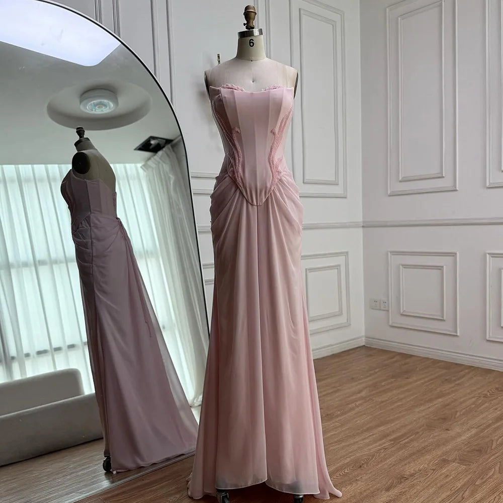 Serene Hill 2025 Customized Pink Strapless Draped Satin Evening Dress with Rose Neck Detail for Formal Party LA72946