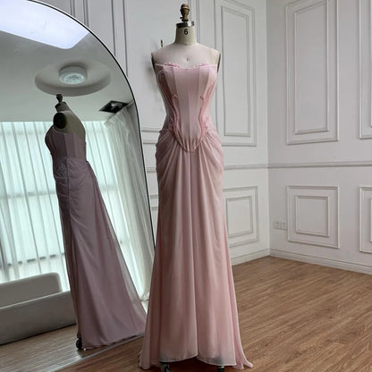Serene Hill 2025 Customized Pink Strapless Draped Satin Evening Dress with Rose Neck Detail for Formal Party LA72946