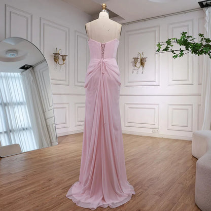 Serene Hill 2025 Customized Pink Strapless Draped Satin Evening Dress with Rose Neck Detail for Formal Party LA72946