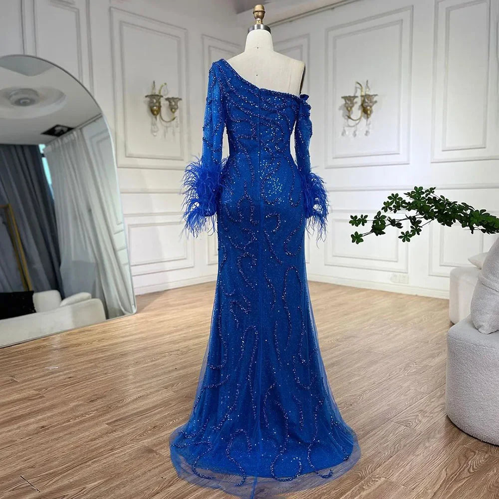 Serene Hill Blue Mermaid Elegant One-Shoulder Beaded Feathers  Evening Dress Gown for 's Wedding Party 2025 LA72395 Customized